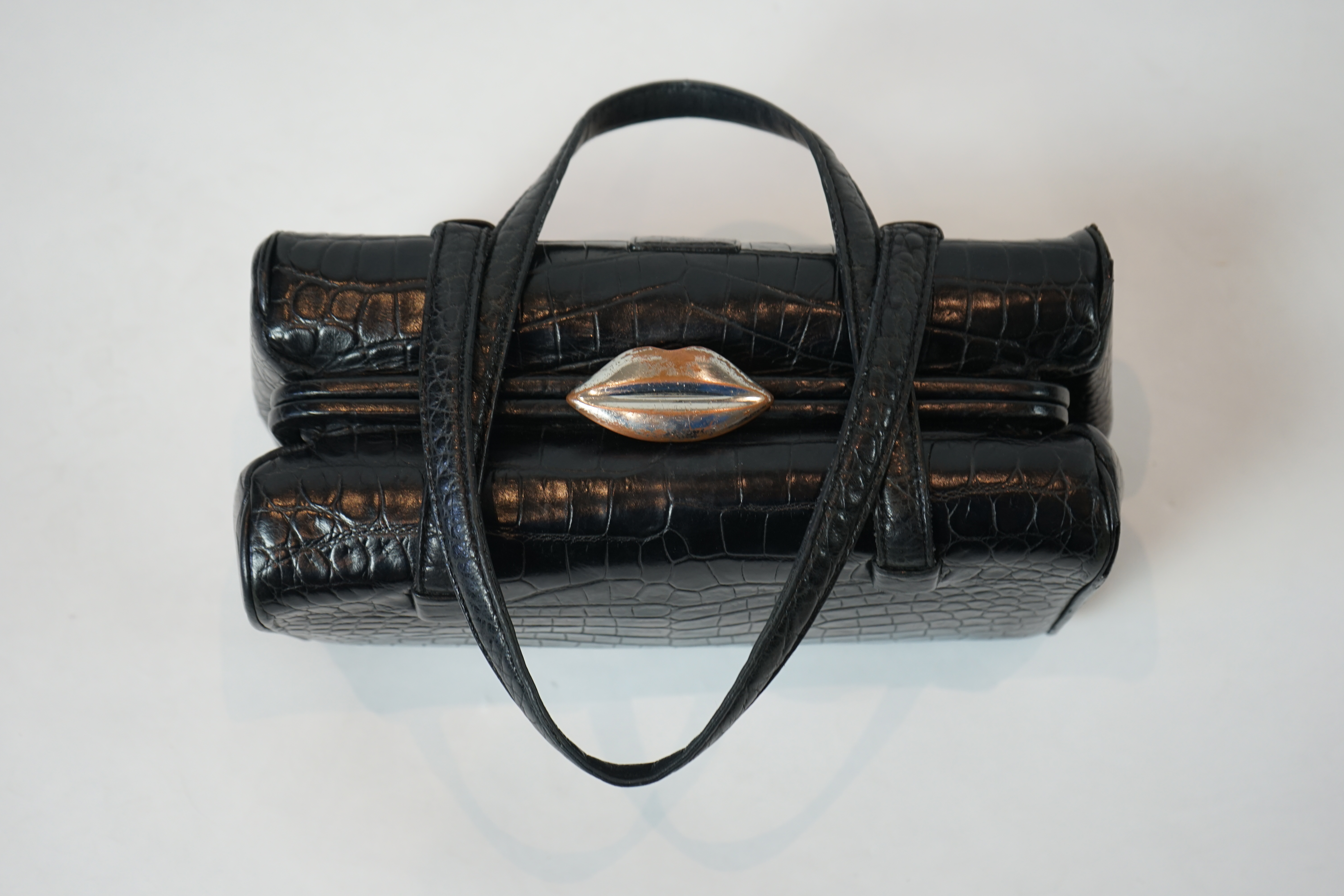 A vintage Lulu Guinness black leather mock croc handbag